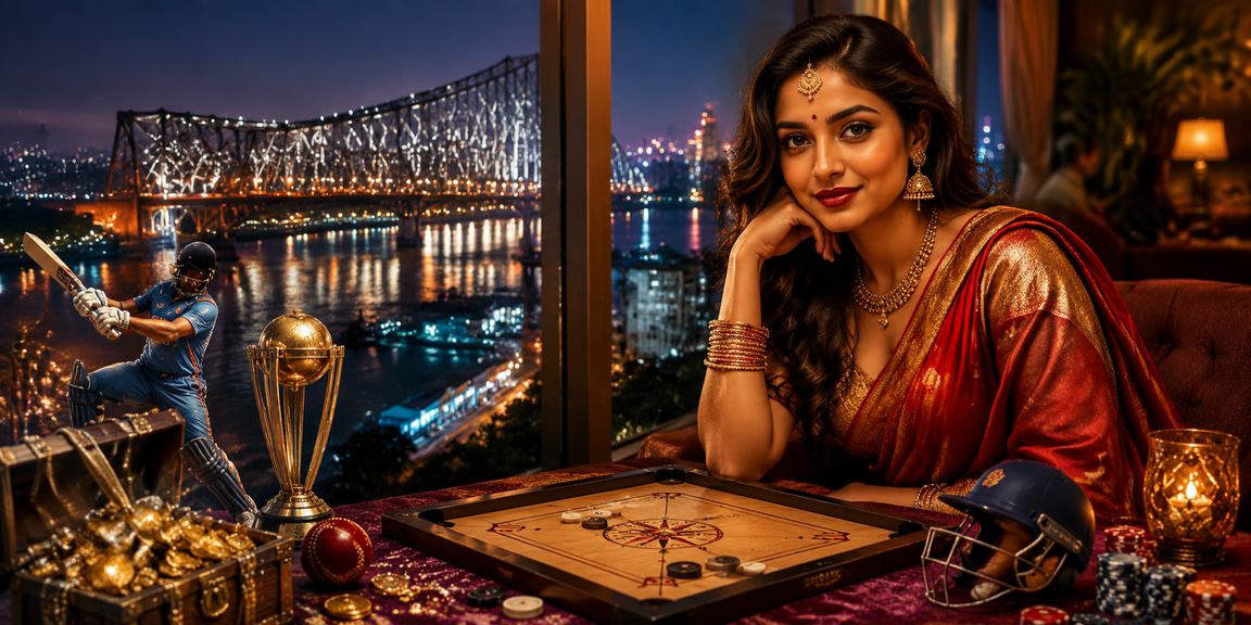 Indian woman playing cards in a traditional saree in Kolkata